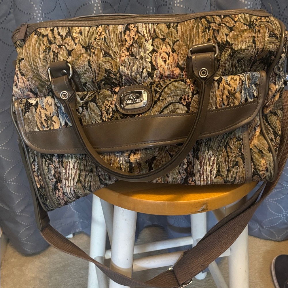 Vintage Jordache Multicolor Floral Tapestry Shoulder Bag with Brown Trim